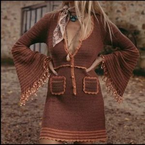 Chasing Unicorns Brown Crochet Mini Dress Large